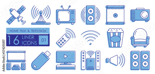 Set of color filled linear icons. Technology for entertainment, home theater viewing and listening to music. TV, speakers, projector, screen, multimedia system, satellite TV