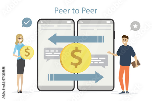 Peer to peer business communication, P2P banner. People send and receive money, secure exchange from currency to bitcoin or cryptocurrency. Mobile phones with financial app.