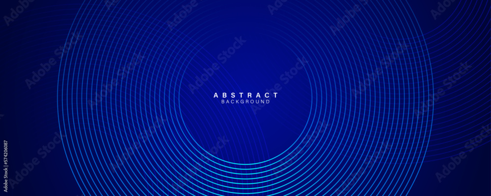 Dark blue abstract background with glowing circles lines. Modern futuristic shiny blue gradient circular lines pattern. Suit for poster, presentation, banner, cover, web, flyer. Vector illustration