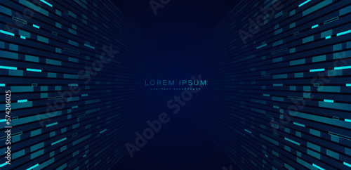 Abstract blue technology geometric pattern on dark blue background. Perspective lines graphic design. Modern futuristic geometric shapes moving with copy space for text. Vector illustration