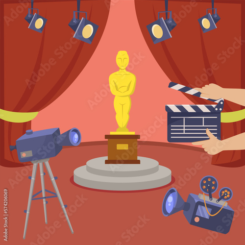 Stage with golden statuette and cameras vector illustration. Cartoon drawing of film festival trophy, red curtains, hands holding clapperboard, professional cameras. Cinema, entertainment concept