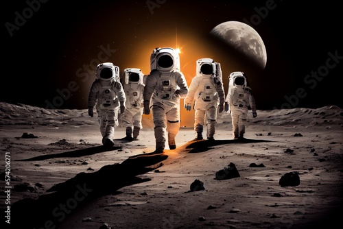 Astronauts team is walking on the moon. Generative AI, Generative, AI