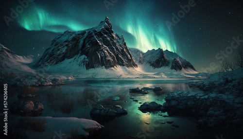 northern lights, mountains, lake, Generative ai © Image-Love