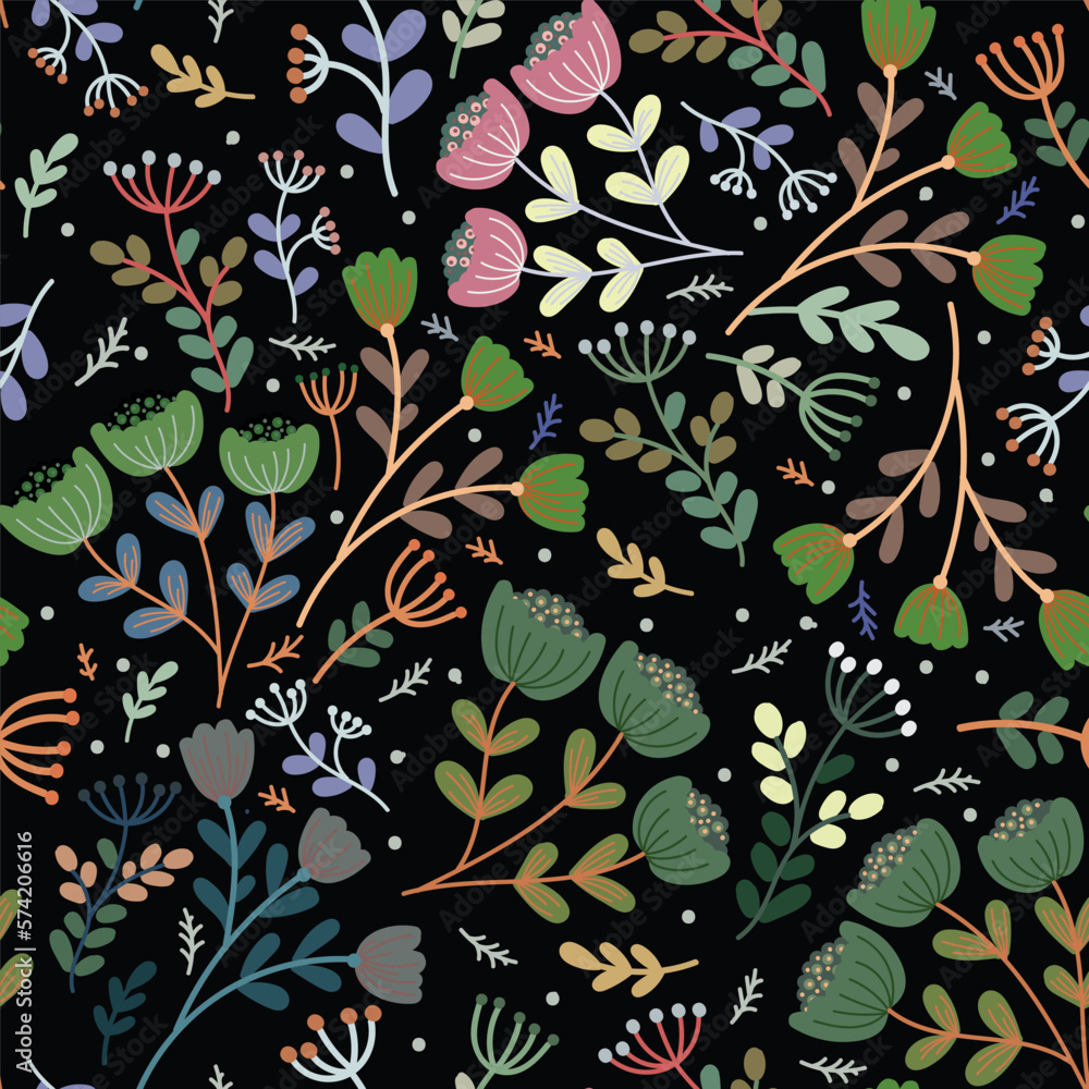 Seamless pattern with leaves and flowers. Vector file for designs. Seamless pattern with leaves and flowers. Vector file for designs.