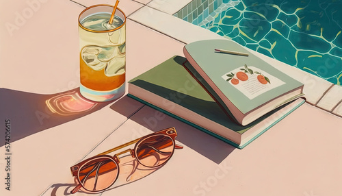  a book, sunglasses, and a drink on a table next to a pool.  generative ai © Olga