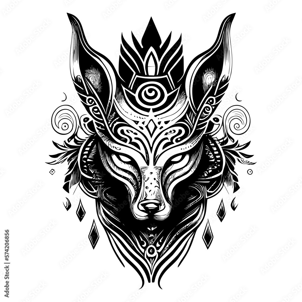 a striking Kitsune fox mask with intricate details. The mask is a