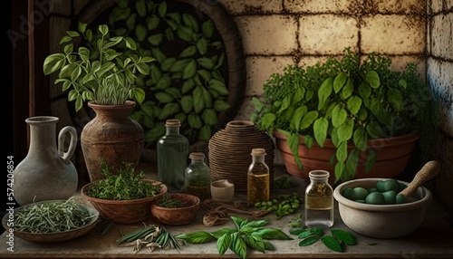  a painting of herbs and bottles on a table next to a potted plant. generative ai