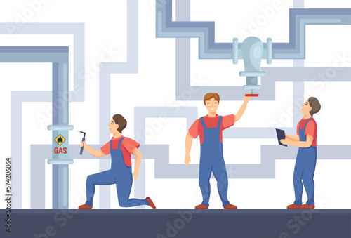 Engineers working on gas pipes vector illustration. Professional factory workers fixing and checking oil pipelines on white background. Oil industry, gasoline logistics, energy concept