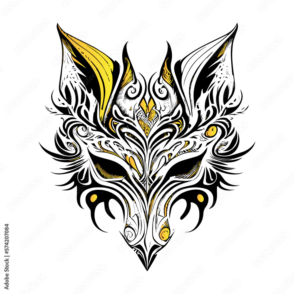 a striking Kitsune fox mask with intricate details. The mask is a symbol of transformation and trickery in Japanese mythology