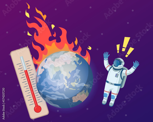 Scared astronaut in space with burning Earth vector illustration. Cartoon drawing of spaceman, planet with flames and thermometer on purple gradient background. Environment, global warming concept