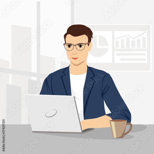 Vector illustration of a man working on a laptop in the office. The concept of a successful office worker, self-organization, working day.
