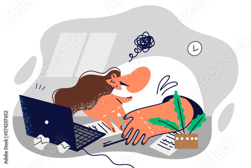 Unmotivated woman freelancer laying head on table suffering from frustration due to poor management