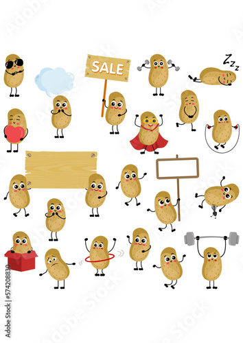 Set of digital elements with funny fresh potato mascot
