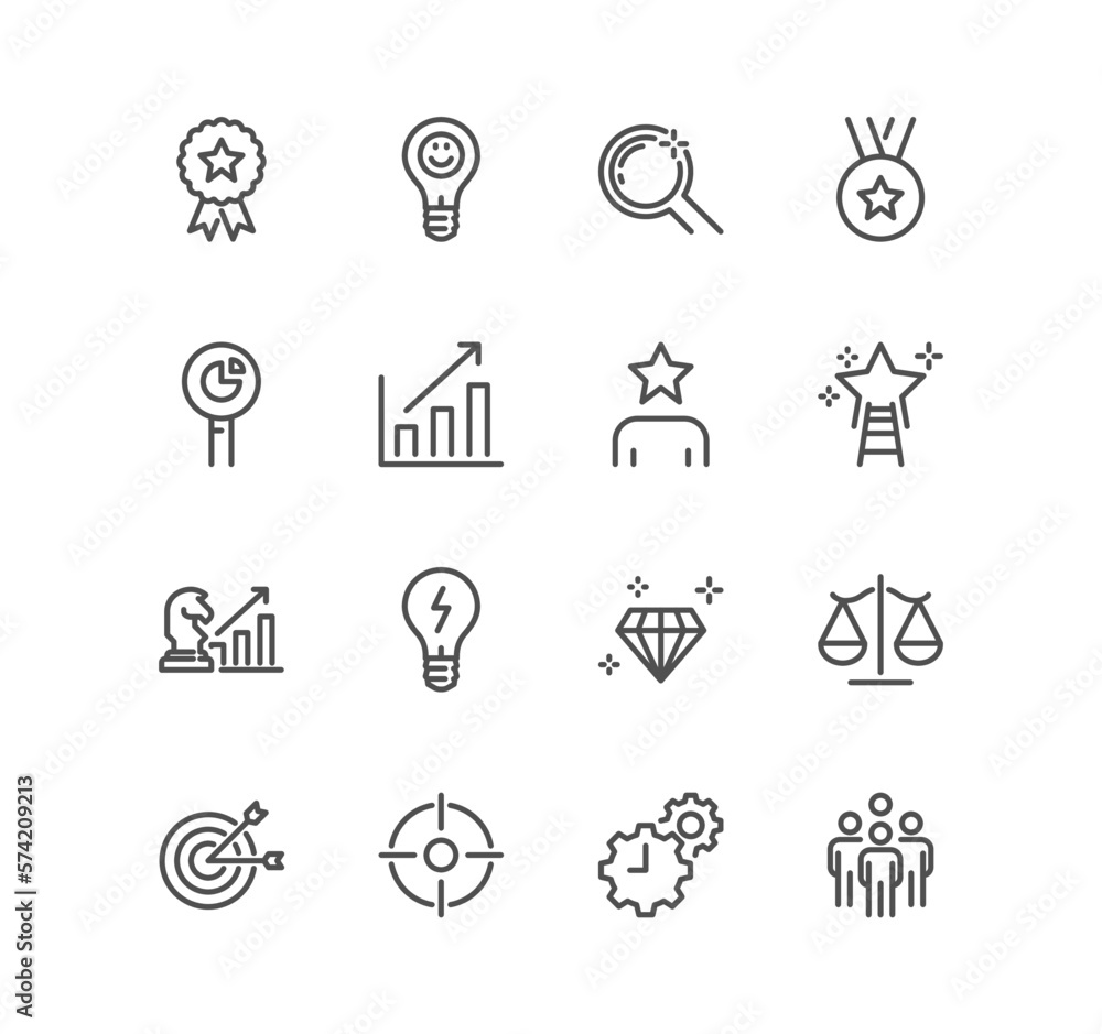 Set of core values related icons, growth, chart, innovation and linear variety vectors. Set of core values related icons, growth, chart, innovation and linear variety vectors.