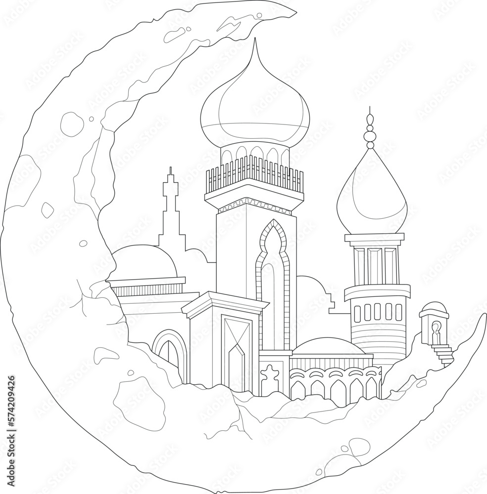 Realistic muslim buildings on the moon symbol graphic sketch template. Cartoon vector illustration in black and white for games, background, pattern, decor. Coloring paper, page, story book, print