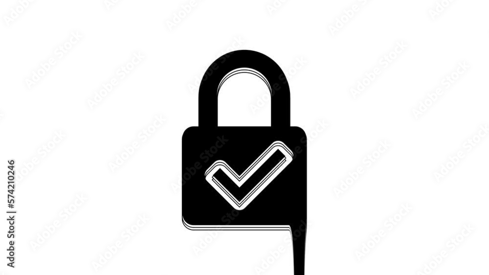 Black Open padlock and check mark icon isolated on white background. Cyber security concept. Digital data protection. Safety safety. 4K Video motion graphic animation Black Open padlock and check mark icon isolated on white background. Cyber security concept. Digital data protection. Safety safety. 4K Video motion graphic animation