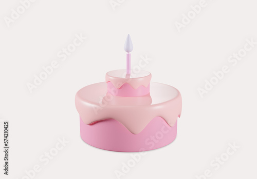 Cute cartoon cake 3d sweet food for the birthday isolated on white background. 3D cake render illustration