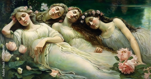 renaissance style oil painting of beautiful nymphs sleeping next to a river, made with generative ai photo