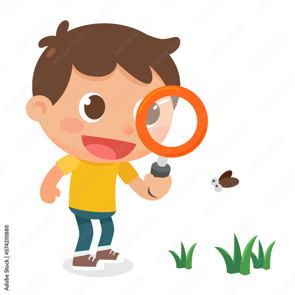 A child uses a magnifying glass to looking a bug. A child uses a magnifying glass to looking a bug.