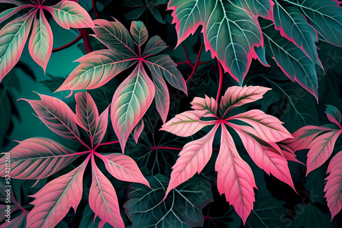  Plant leaves pink background, floral tropical leaves pattern for wallpaper, Generative AI 