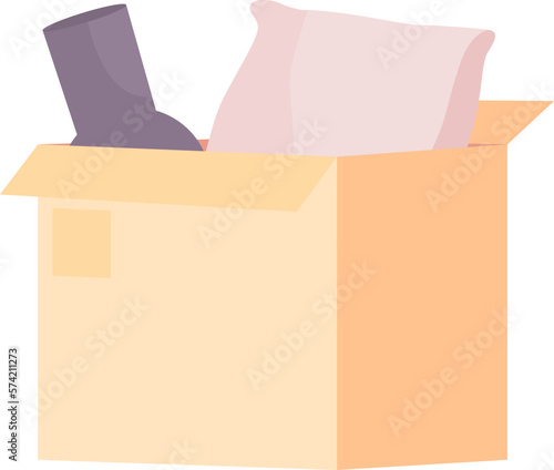 Open cardboard box with pillow and vase semi flat color vector object. Moving. Editable icon. Full sized item on white. Simple cartoon style spot illustration for web graphic design and animation