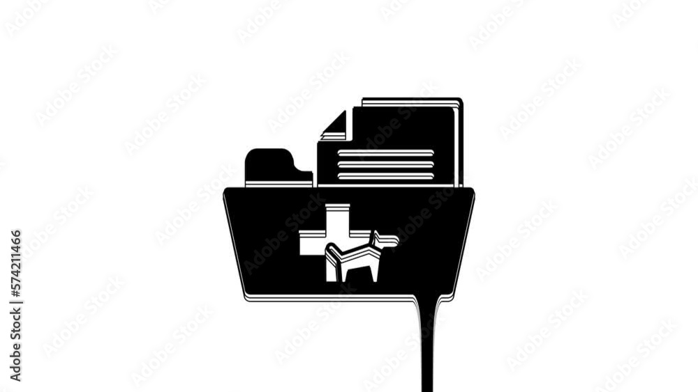 Black Medical veterinary record folder icon isolated on white background. Dog or cat paw print. Document for pet. Patient file icon. 4K Video motion graphic animation Black Medical veterinary record folder icon isolated on white background. Dog or cat paw print. Document for pet. Patient file icon. 4K Video motion graphic animation