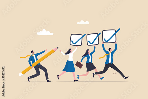 Checklist or checkmark for task completion, survey or questionnaire, finish work or accomplishment, get thing done or tick the checkbox concept, business people hold checklist and pencil to tick.