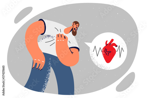 Tired man grabbing heart due to severe shortness of breath after long walk or exercise