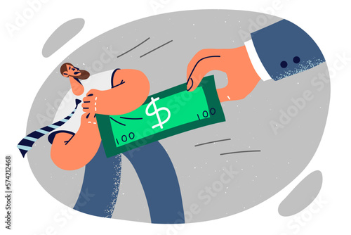 Man tries to take banknote from giant hand while fighting for market share for business or pay rise