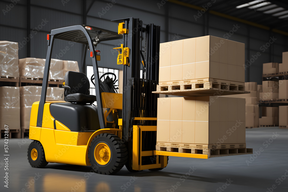 Warehouse with fully loaded forklift between rows in the big interior