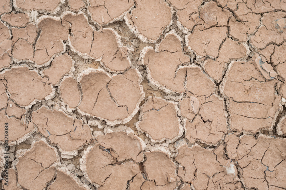 Fototapeta premium Natural Drought concept:Dried cracked earth soil ground texture background.desert rough land dry crack erosion in the ground due to drought.Dry red clay soil texture, natural floor background