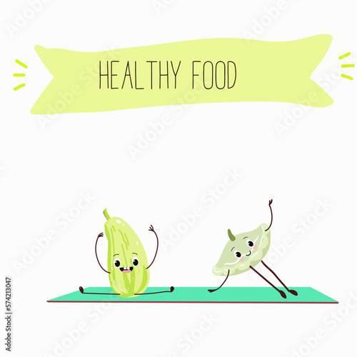Illustration with funny characters marrow, pattypan,courgette, crop, zucchini, patisson.  Funny and healthy food. Vitamins, cute face food, ingredients, vegetarianism, vector cartoon, antioxidant.