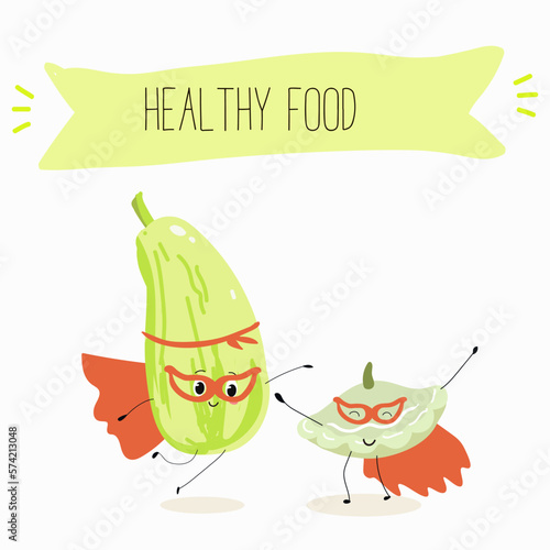 Illustration with funny characters marrow, pattypan,courgette, crop, zucchini, patisson.  Funny and healthy food. Vitamins, cute face food, ingredients, vegetarianism, vector cartoon, antioxidant.