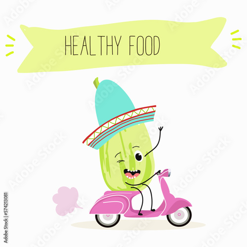 Illustration with funny characters marrow, pattypan,courgette, crop, zucchini, patisson.  Funny and healthy food. Vitamins, cute face food, ingredients, vegetarianism, vector cartoon, antioxidant.