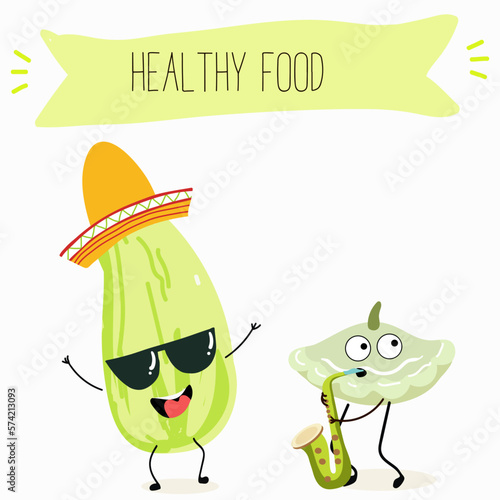 Illustration with funny characters marrow, pattypan,courgette, crop, zucchini, patisson.  Funny and healthy food. Vitamins, cute face food, ingredients, vegetarianism, vector cartoon, antioxidant.