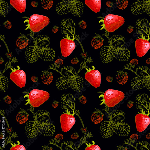 Seamless pattern with berries of strawberry on black background. Template for kitchen design, packaging for food, paper, textiles.