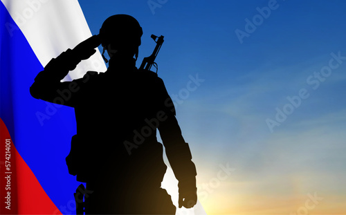 Silhouette of russian soldier on background of sunset and Russian flag. Military recruitment concept. EPS10 vector