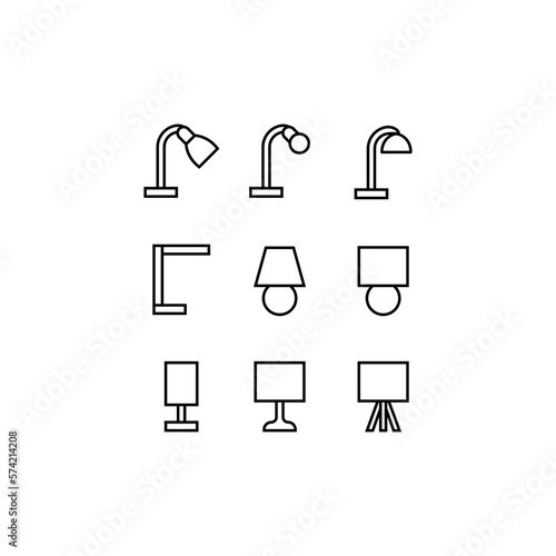 Set of isolated outline icons of different table lamps on a white background.