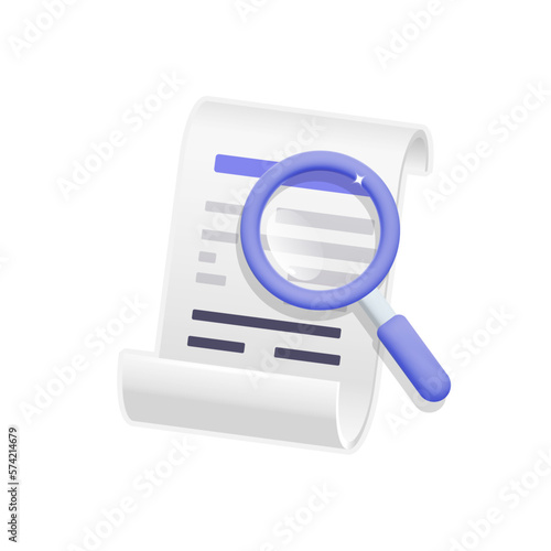 3d vector cartoon render white paper receipt bill with magnifying glass symbol for marketing, analytics, research, data monitoring mockup banner design