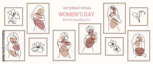 International Women's Day banner vector. Embrace Equity hashtag slogan with hand drawn abstract women hug and love herself posture linear wall art. Design for poster, campaign, social media post.