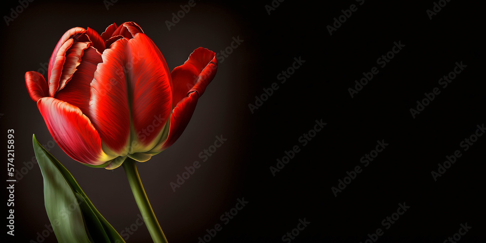 Red tulip isolated on a black background with space for your text. Сopy space Red tulip isolated on a black background with space for your text. Сopy space