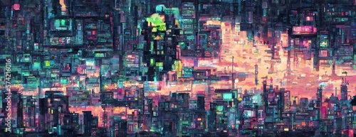 Pixel Cyberpunk neon city night. Futuristic city scene in a style of pixel art. 80 s wallpaper. Retro future Generative AI illustration. Urban scene.
