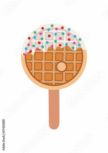 Sweet food and dessert food, vector illustration of golden brown homemade corn dog or hot dog waffle on a stick in various flavors decorations and white chocolate. Letter 