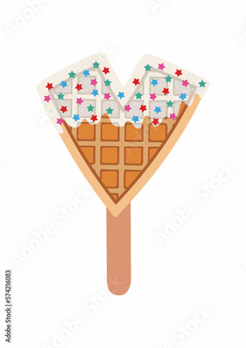 Sweet food and dessert food, vector illustration of golden brown homemade corn dog or hot dog waffle on a stick in various flavors decorations and white chocolate. Letter 