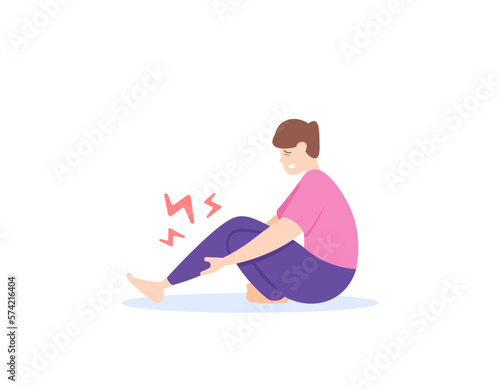 a man is in pain because feel pain and cramp in calf area. disorders of muscle, joint, tendon, vascular, nerve, bone, or skin around the calf. illustration concept design. design elements
