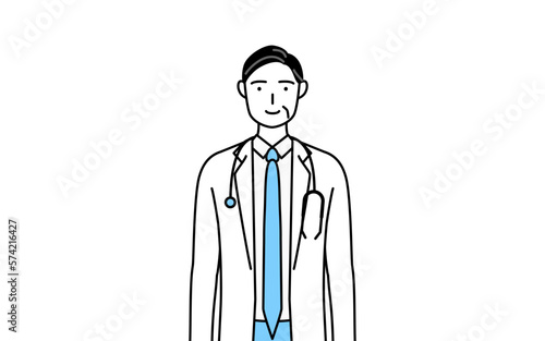 聴診器をかけた白衣の男性医師、シニア・中高年のベテラン医師