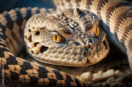 Fangs at the Ready The Unwavering Stare of an Eastern Diamondback Rattlesnake About to Strike its Prey Generative AI