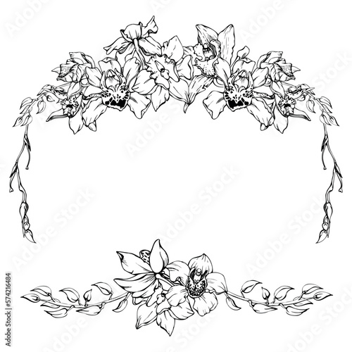 Hand drawn vector ink orchid flowers and branches, monochrome, detailed outline. Horizontal frame composition. Isolated on white background. Design for wall art, wedding, print, tattoo, cover, card.