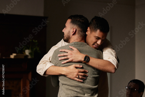 Obraz na płótnie Friends, support group hug and men counseling for drug abuse and mental health problem