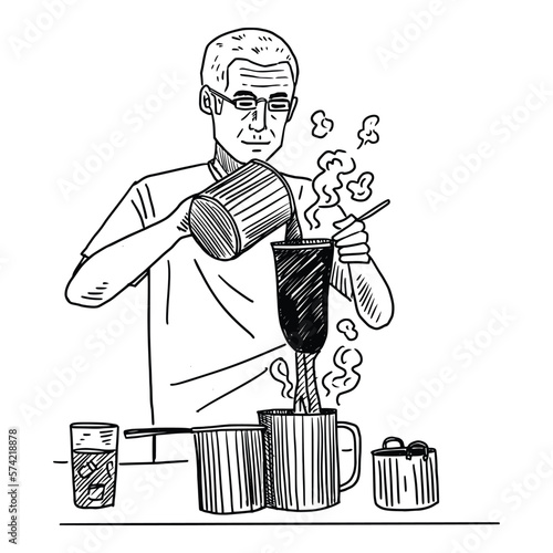 Hand drawn old man making traditional Thai coffee